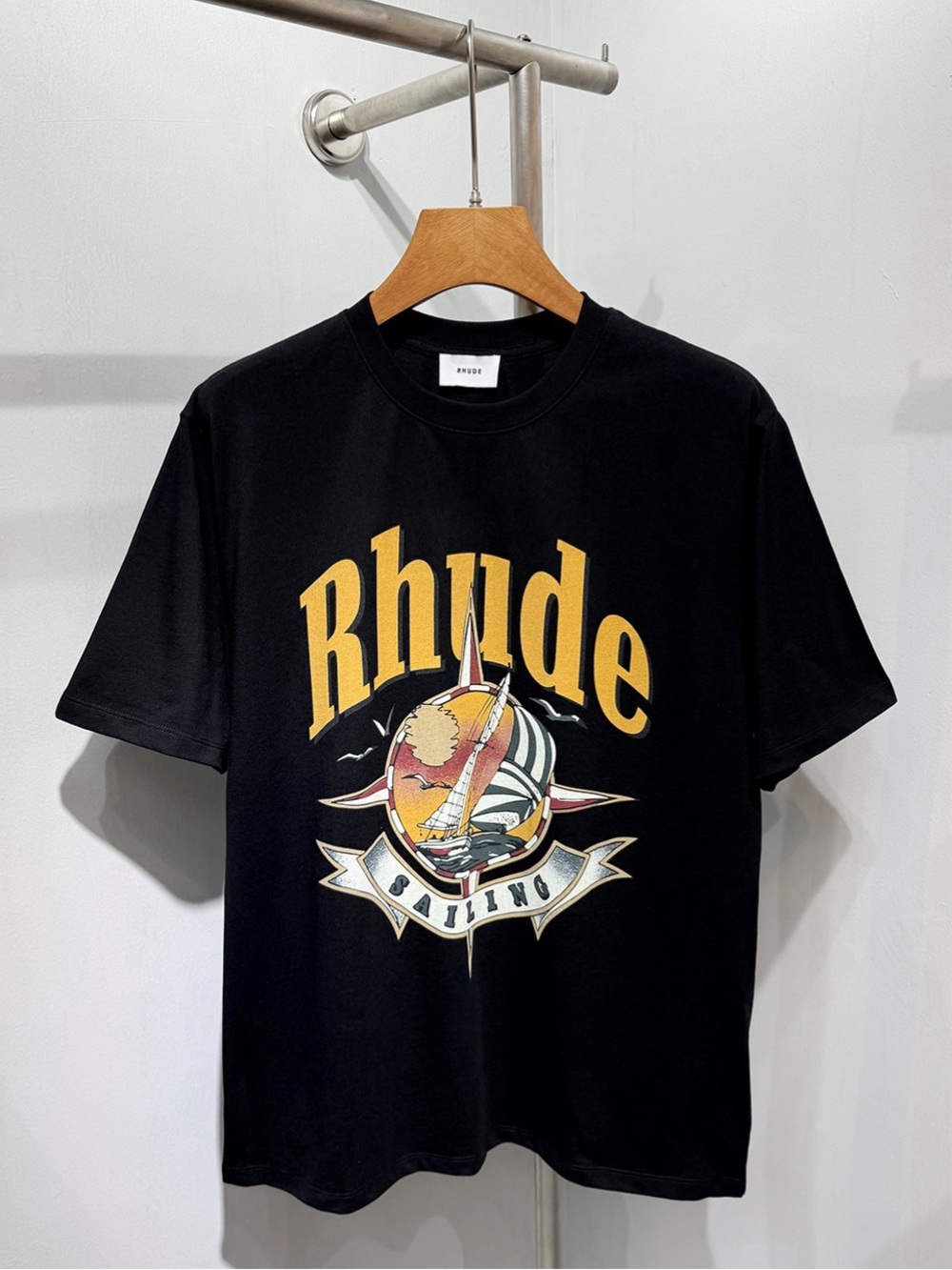 Rhude Black Tee with Yellow Sailing Graphic